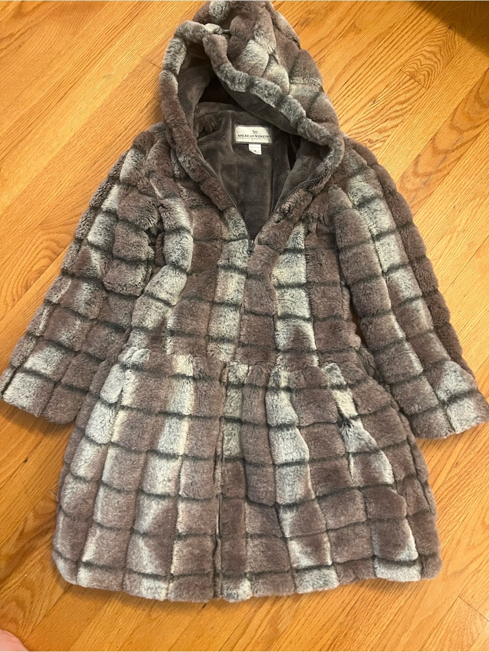 American Widgeon Soft Faux Fur Hooded Coat in Gray and Brown